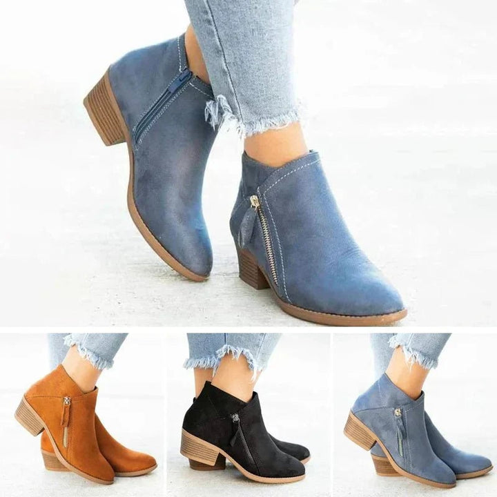 BobaFashion Mona ankle boots in all four colors: blue, orange, black, and beige