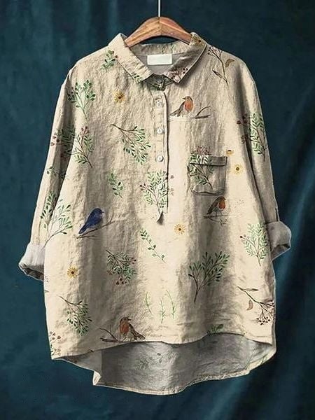 Back view of floral blouse on model showing drape and fit