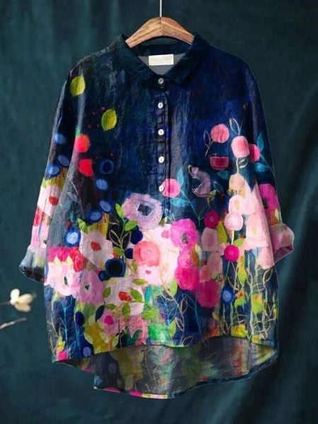 Size range display showing floral blouse available from S through 5XL