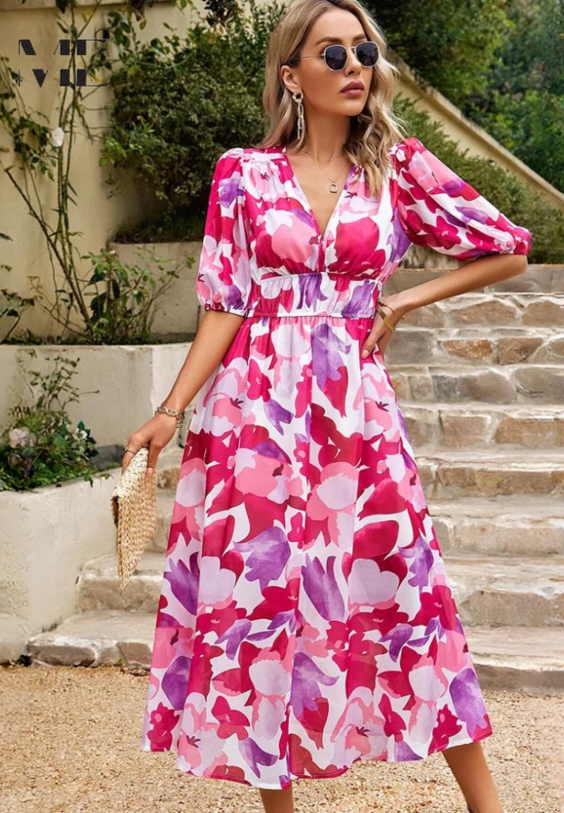 BobaFashion size guide and fabric care label detail for the Monica elegant floral dress