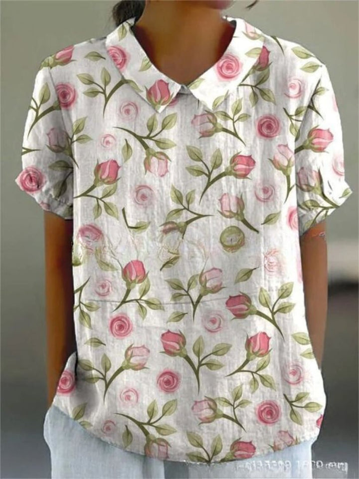 Side view of the floral shirt showing the relaxed, easy drape and airy fabric construction