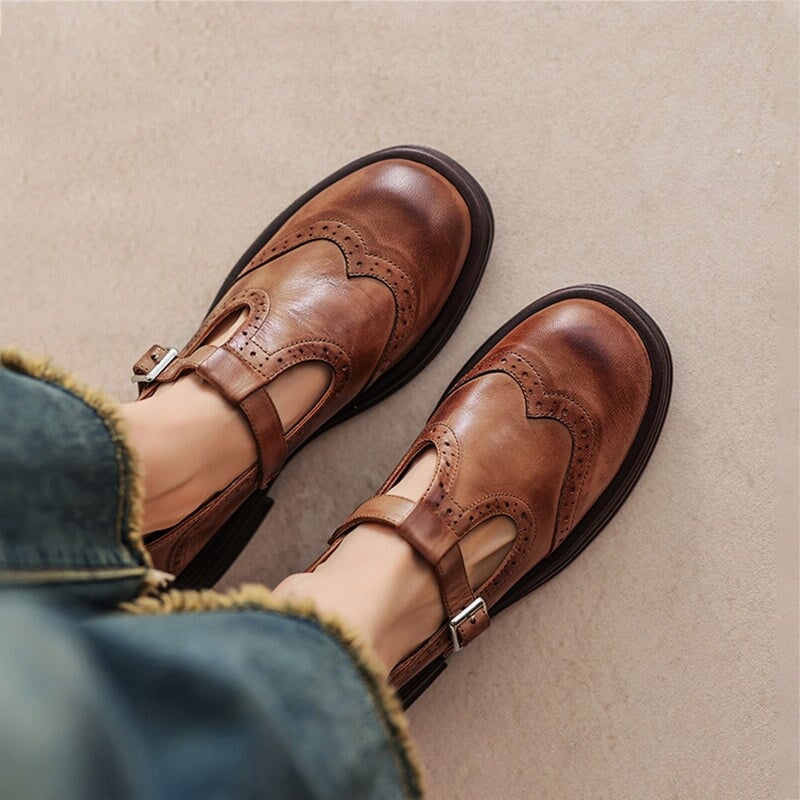 Nina vegan leather Mary Jane sandal in brown with classic ankle strap, side view