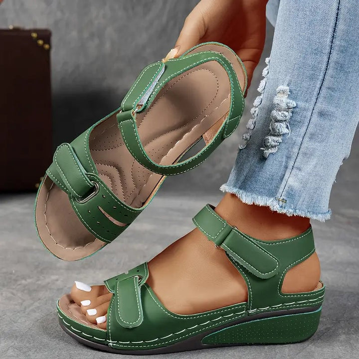 Side view of Nina orthopedic wedge sandals showing wedge heel height and strap detail
