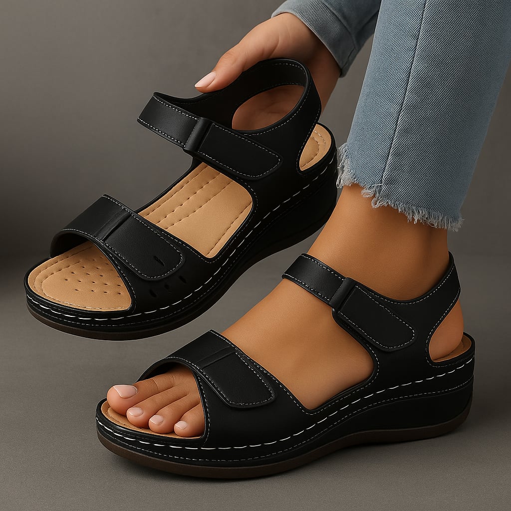 Detail shot of the lightweight breathable sole on Nina orthopedic wedge sandals