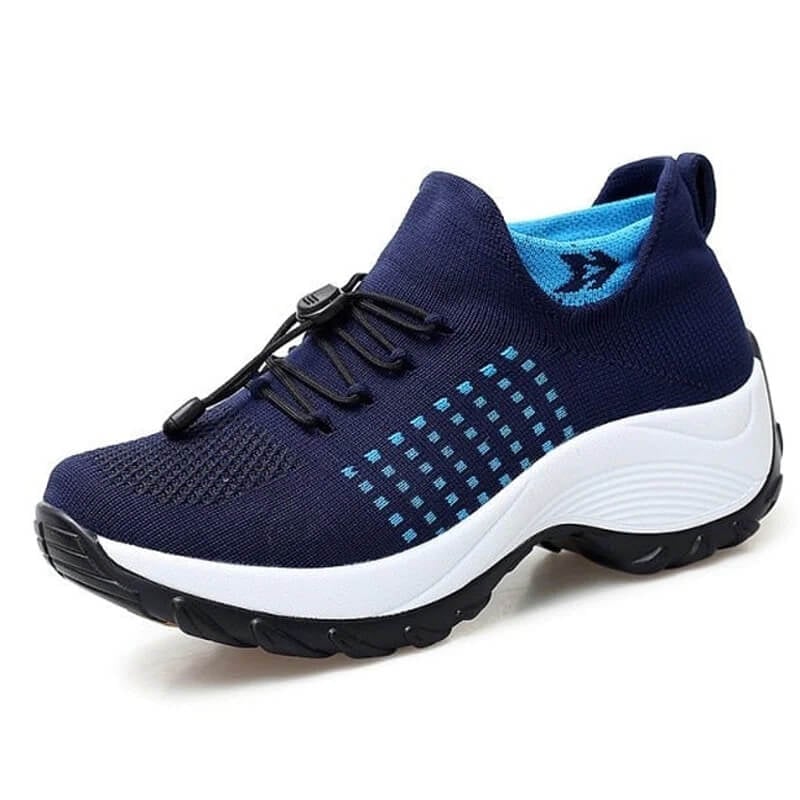 Women's orthopedic comfort shoes in blue with cushioned sole and breathable upper, side view