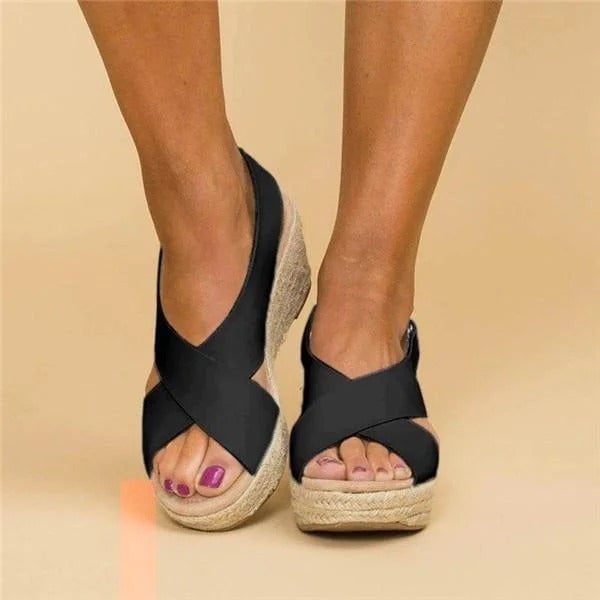 Paloma espadrille wedge sandal in brown styled with a summer dress, full-length lifestyle shot