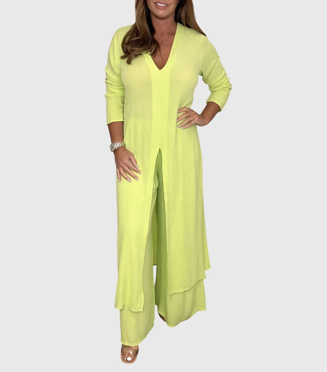 Full-length back view of the duster cardigan and wide-leg pants set in a soft neutral tone