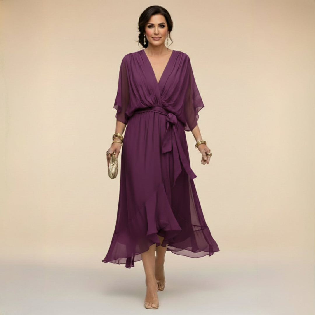 Women's V-neck wrap midi dress in purple with adjustable tie waist