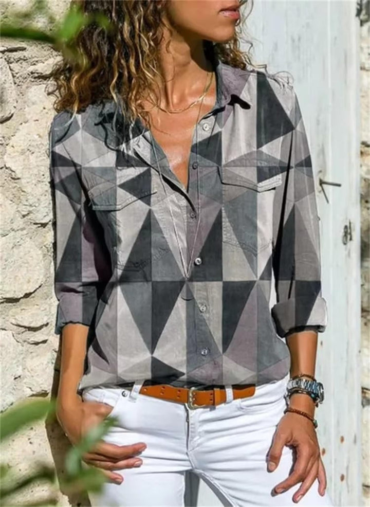 Back view of the Petra oversized geometric print shirt showing relaxed fit and long sleeves