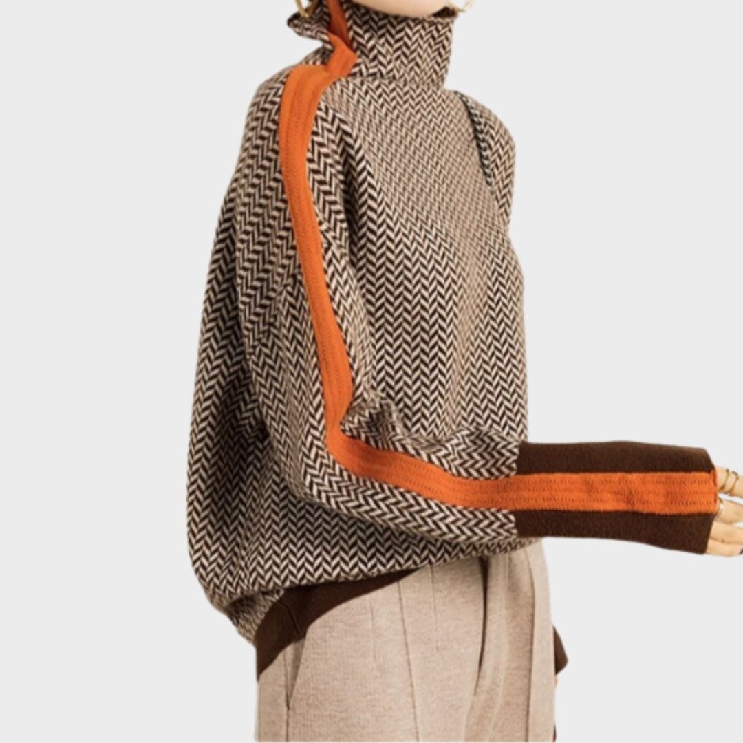 Side view of the BobaFashion herringbone turtleneck in green, highlighting the smooth drape and length