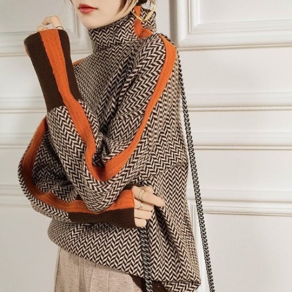 Detail shot of the turtleneck neckline on the BobaFashion herringbone luxe sweater