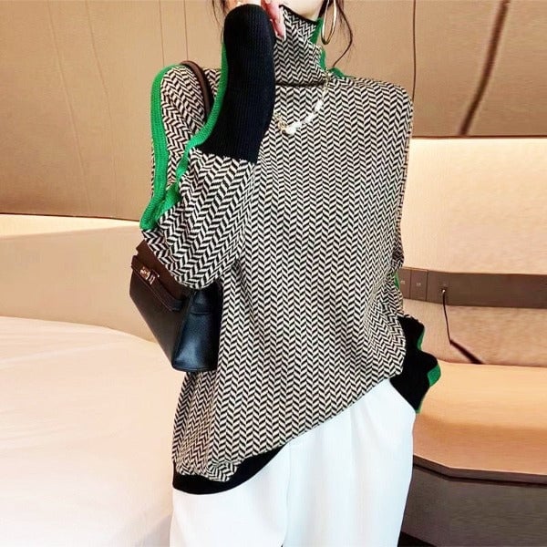 Lifestyle shot of the BobaFashion herringbone luxe turtleneck worn casually for an everyday look