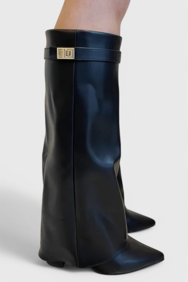 Raya boots in black faux leather with clean lines and supportive sole, front view
