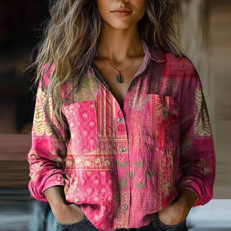 Side view of relaxed-fit flare-sleeve bohemian blouse showing flowing silhouette