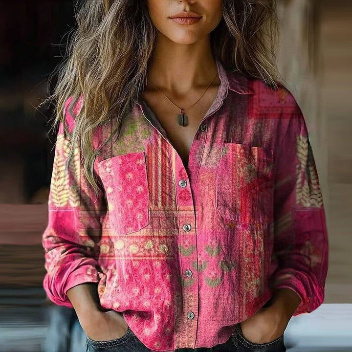 Side view of relaxed-fit flare-sleeve bohemian blouse showing flowing silhouette