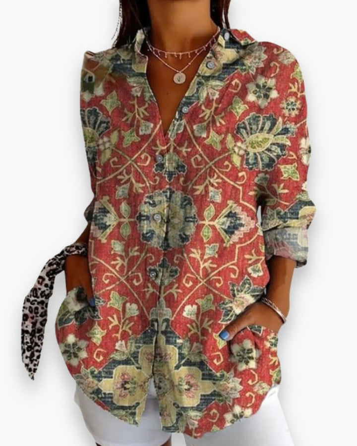 Rosalie floral blouse in Morocco print, 3/4 sleeve detail close-up