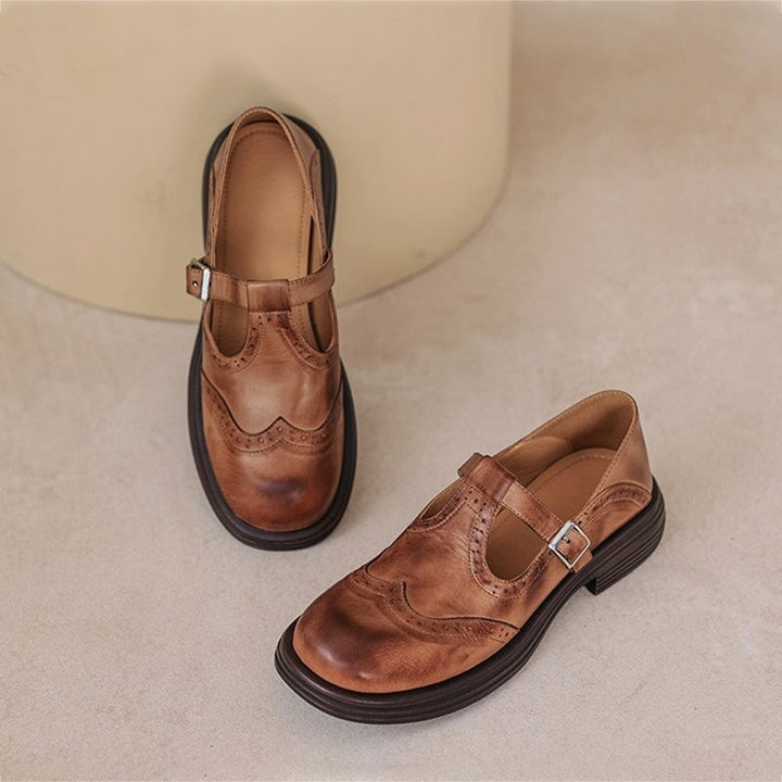 Rosie leather T-strap Mary Jane shoes in tan brown, side profile showing T-strap buckle closure and block heel
