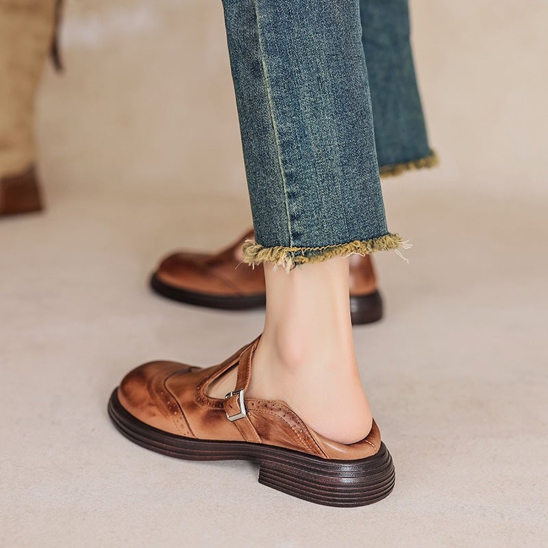 Rosie leather T-strap Mary Jane shoes in tan brown, top-down view showing T-strap and toe cap detail
