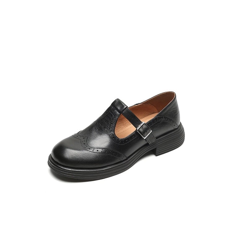 Rosie leather T-strap Mary Jane shoes in black, top-down view showing T-strap and toe cap detail
