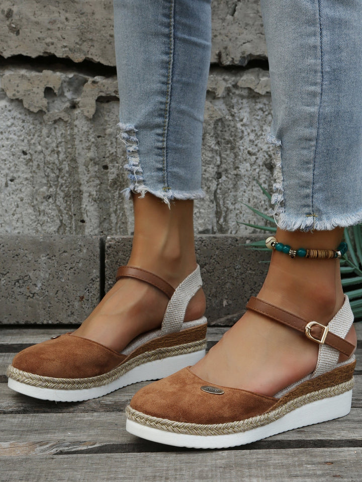Ruby cushioned espadrille sandal in brown with woven sole, side view