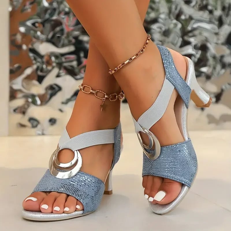 Sabine black heeled sandals, front view showing padded insole and slim heel