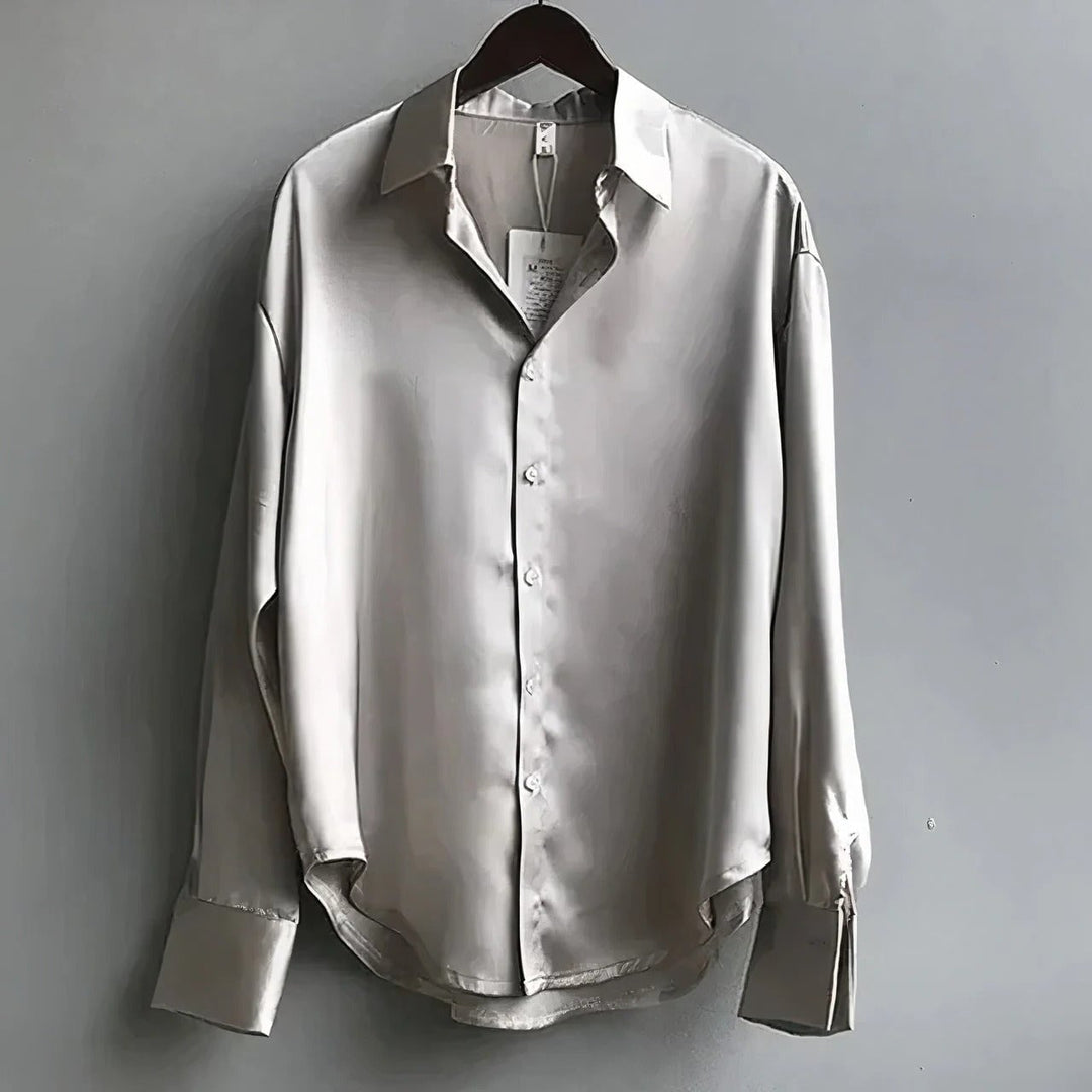 Satin blouse with button cuffs shown in multiple colors: green, white, black, and gray