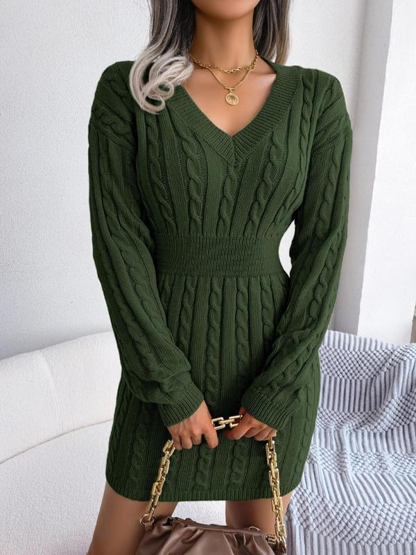 Detail shot of the long sleeves and neckline on the cozy V-neck dress