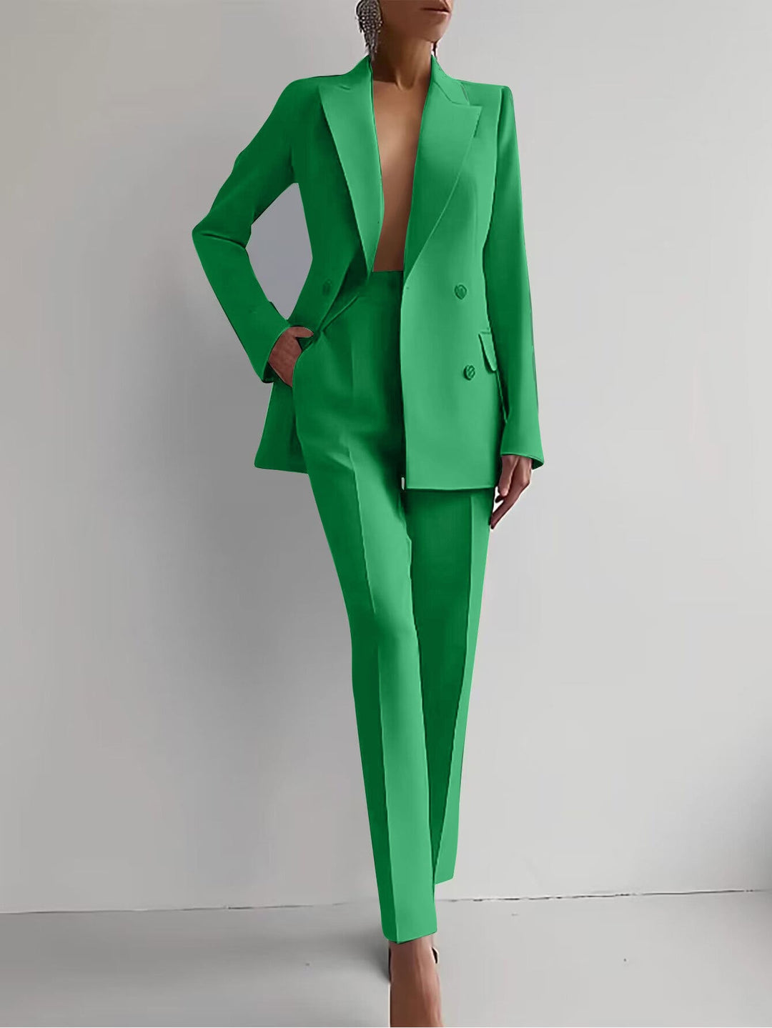 Scarlett suit set styled with heels showing full head-to-toe look in bold red