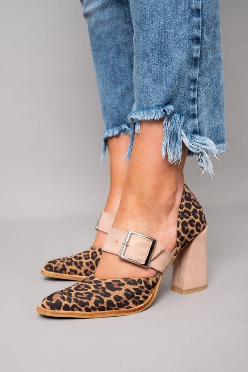 Overhead or styled shot of khaki leopard print sandals with stable heel from BobaFashion