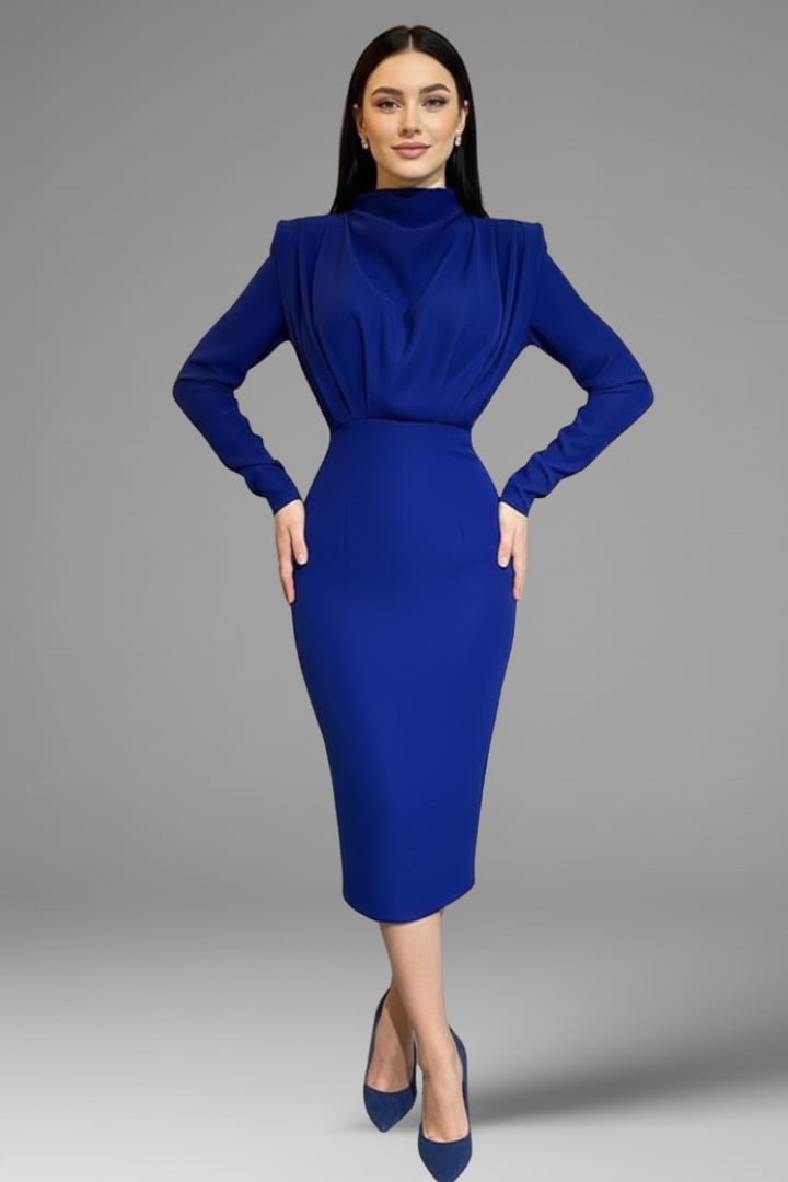 Woman wearing the Serafina mock neck maxi dress in blue with heels