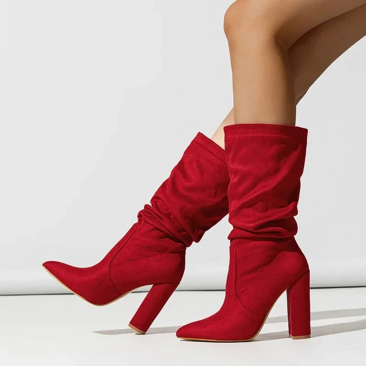 BobaFashion Serena slouchy mid-calf boots in red, shown from the front against a clean background