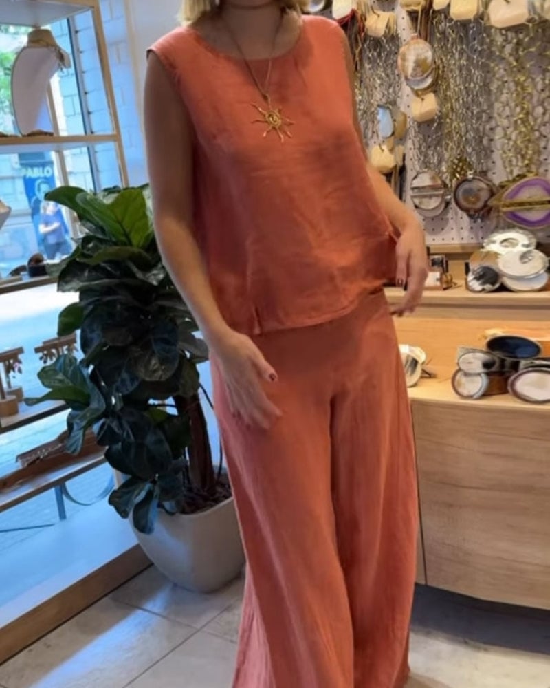 Front view of the Sienna two-piece set showing the relaxed sleeveless top and flowing wide-leg trousers