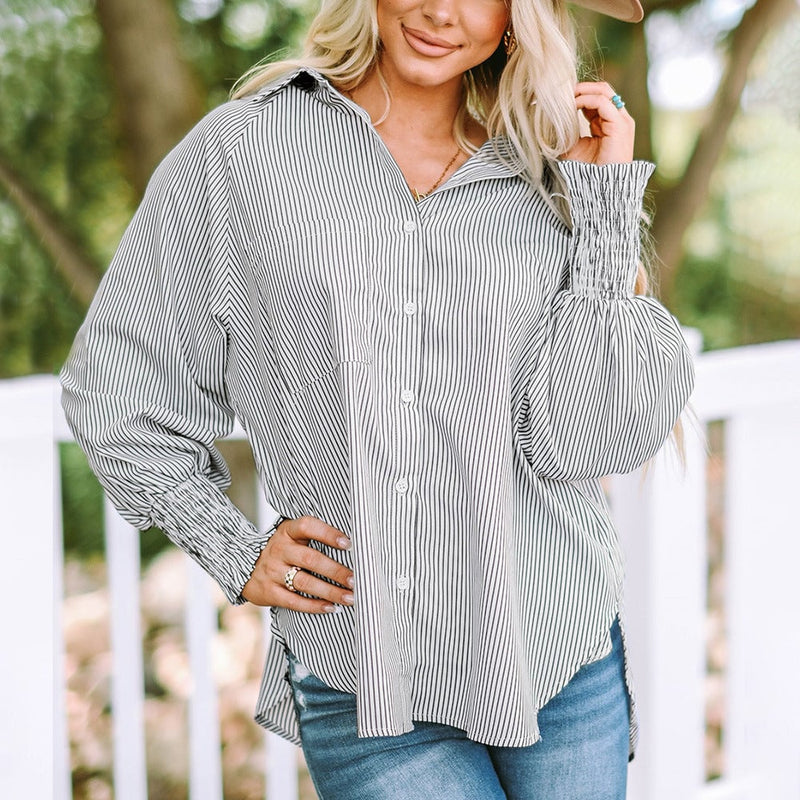 Front view of the Skye striped oversized shirt showing classic collar and button placket detail