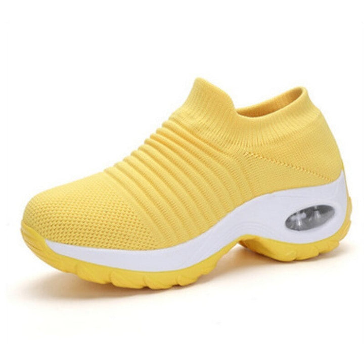 Solange blue and white arch support shoes, angled three-quarter view