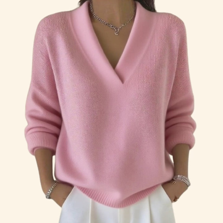 Close-up detail of the Sonia V-neck sweater highlighting the elegant neckline and lightweight knit texture