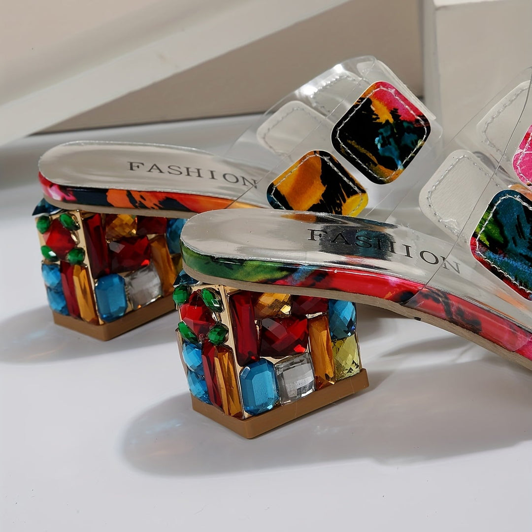 Overhead flat-lay of Stella women's adjustable sandals in multicolored colorway on neutral background