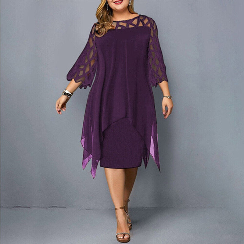 Woman wearing the Stella flowy draped midi dress in purple, showcasing the flattering silhouette and midi length