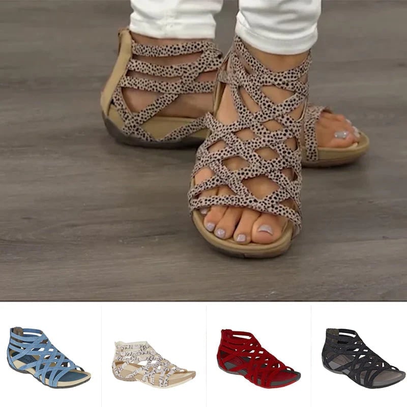 Women's orthopedic adjustable sandals in red with cushioned sole and classic straps