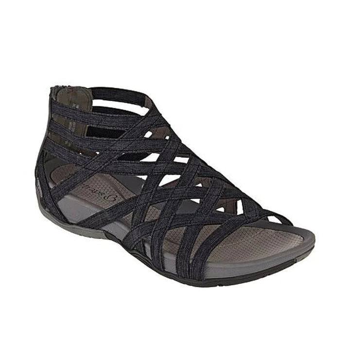Women's orthopedic adjustable sandals in gray, side view showing arch support