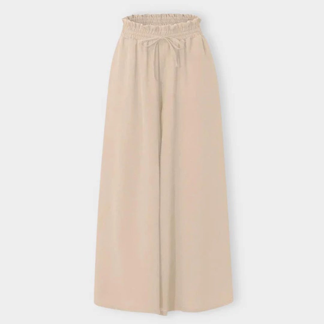 Model wearing Terra wide leg pants in a casual daytime outfit
