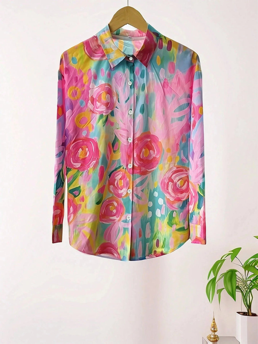 BobaFashion colorful print blouse styled for a casual daytime look