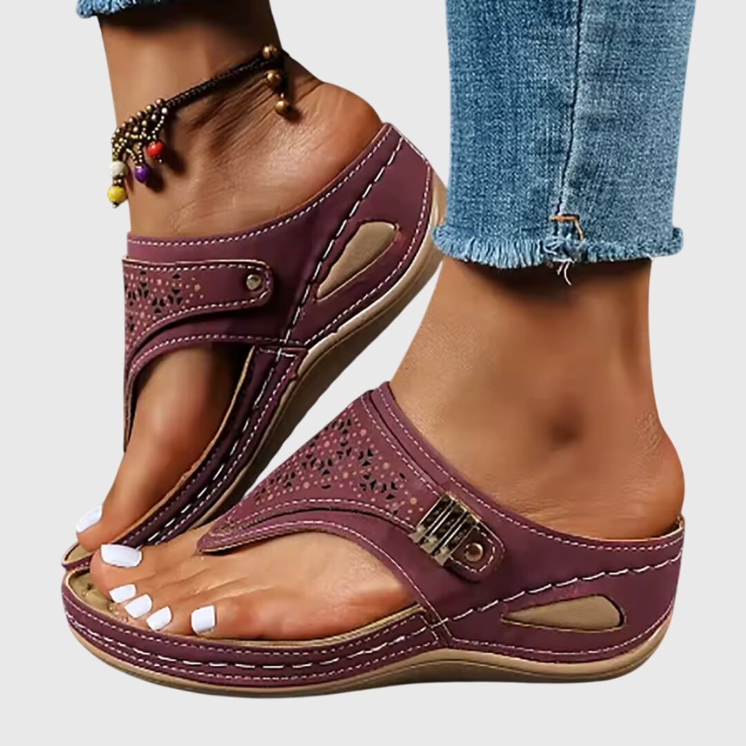 Close-up of platform sole on women's ankle strap sandals showing stable base