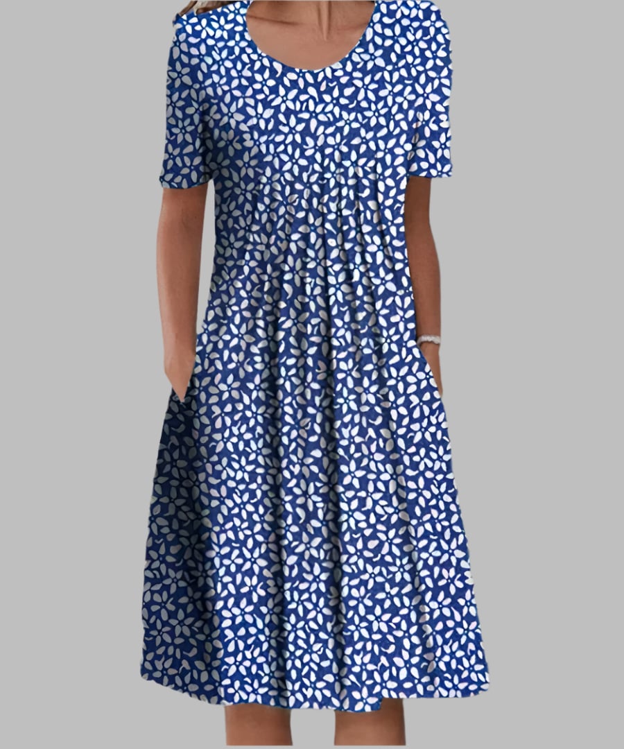 Side view of the Tina elegant dress in Blue and White colorway, showing the flattering silhouette and tummy-smoothing fit