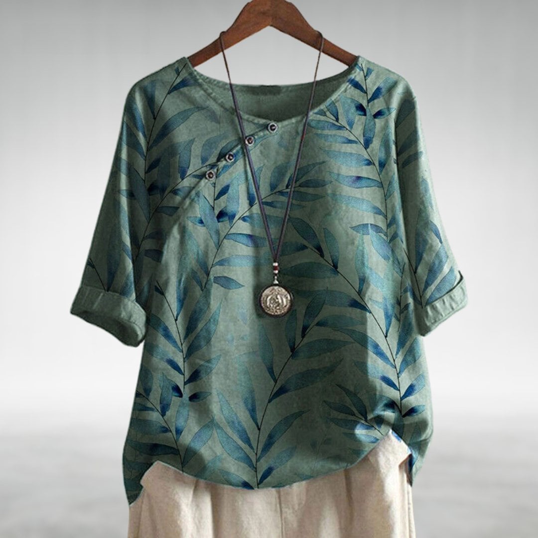 BobaFashion chic blouse in a flowing relaxed fit shown from the front, highlighting the unique button closure