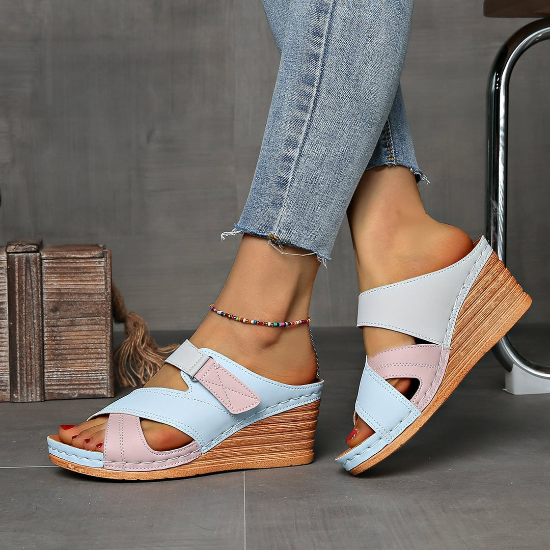 Top-down view of Tulip wedge slides in khaki showing slip-on strap