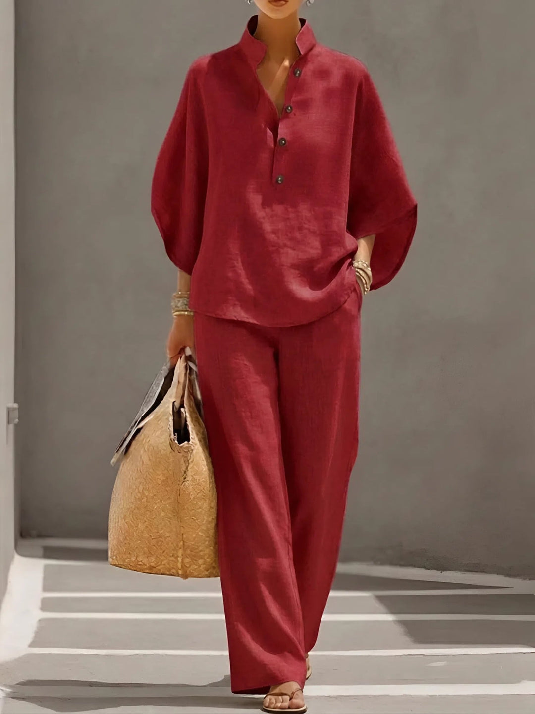 Valentina wide leg set in light blue displayed on a model showing coordinated two-piece look