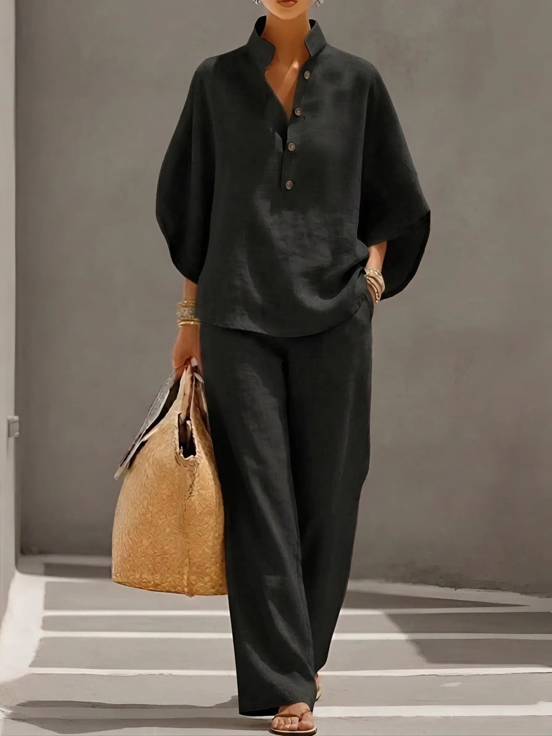 Flat lay of the Valentina button-up wide leg set showing top and pants together