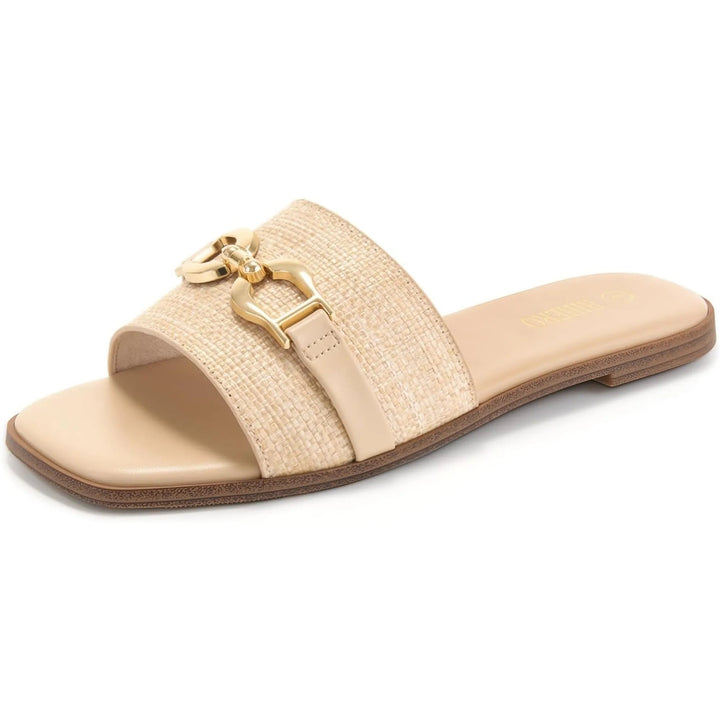 Veronica women's adjustable buckle sandals in beige with gold buckle detail, front view