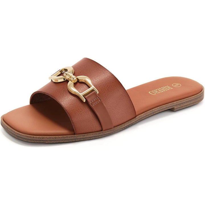 Side profile of Veronica women's sandals in camel highlighting gold buckle closure