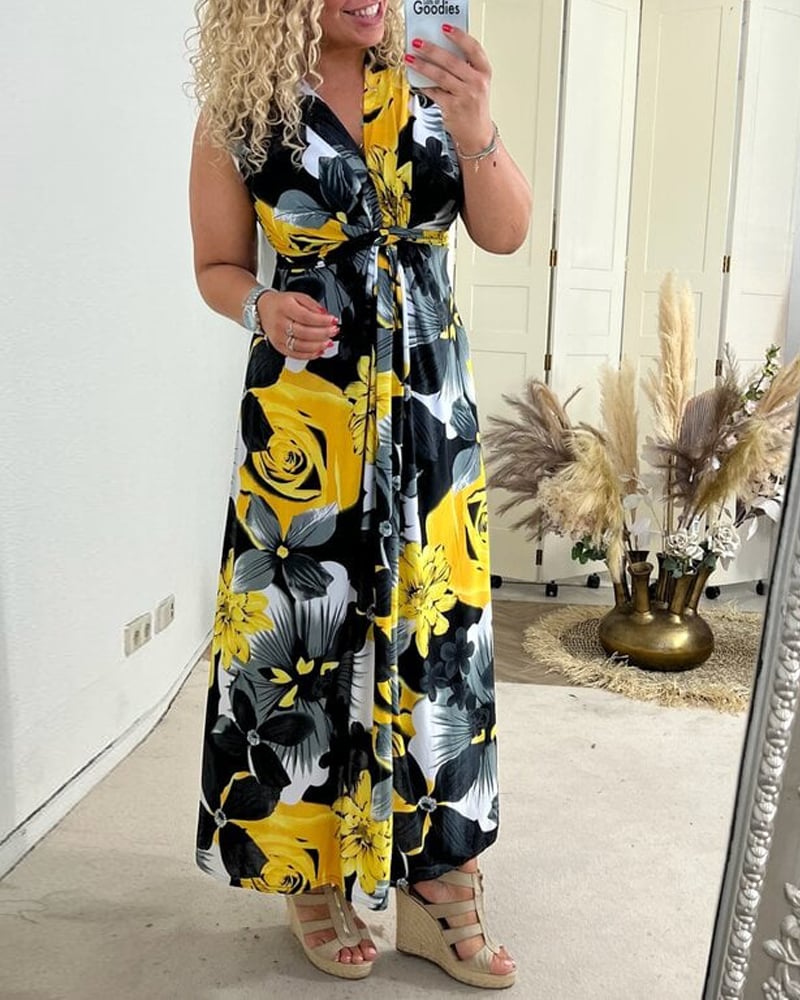 Close-up of the tie-front knot detail and V-neckline on the Viola floral maxi dress in purple
